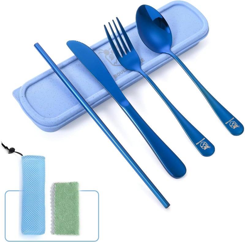 Boulder Bee | Travel Utensils Set | Reusable Camping Cutlery Set | Stainless Steel Flatware Set | Portable Silverware Set with Case | Includes Knife/Fork/Spoon/Straw/Cleaning Cloth/Case (Blue) - Image 1